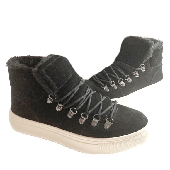MARC FISHER Suede Sneaker Boot Daisie High top faux fur trim black - 9 - Picture 7 of 7